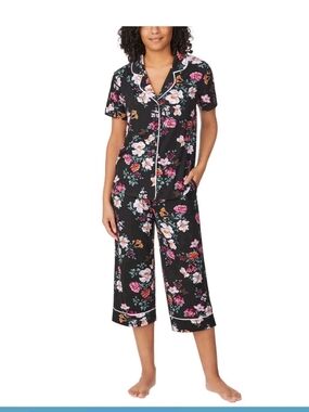 Room Service Black Floral Soft Short Sleeve And Capri Pajama Set XXL